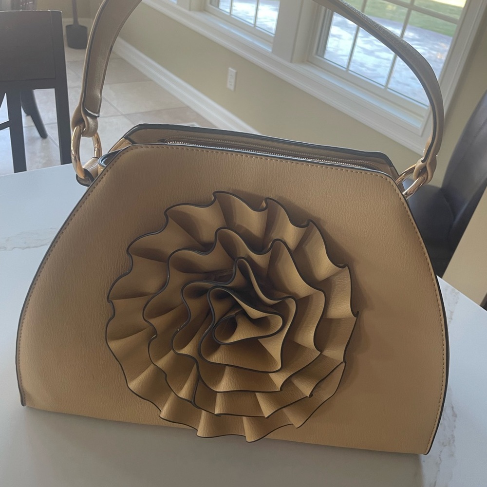 Never Used. Elegant Beige Handbag with Floral Design with Matching Wallet.